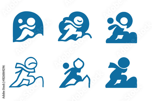Snowball Fight Icons. Snowball fight. Icon set. Set Logo of snowball fight: scarfed figure ducking behind a drift. harmonious logo variations of the same