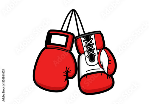 Two red and white boxing gloves hanging by their laces against a white background