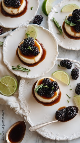 Delicious Dessert With Creamy Cheesecake, Blackberries, and Lime on Elegant P...