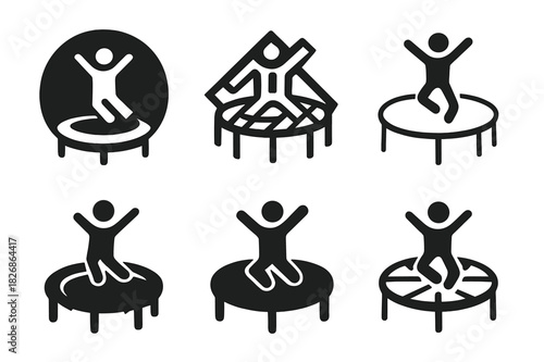 Trampoline Logo Variations. Jumping on a trampoline in a backyard. Icon set. Set Logo of outdoor fun: trampoline viewed from top. harmonious logo variations of