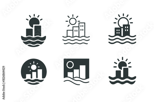 Surreal Climate Logos. Climate change visualizations in surreal art. Icon set. Set Logo of climate change visualizations in surreal art: flooded cityscape.