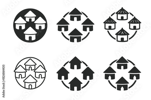 Cultural Icon Logos. Cultural tourism in isolated communities. Icon set. Set Logo of cultural tourism in isolated communities: circle of huts representing