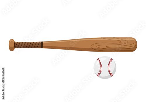 Wooden baseball bat and a white baseball with red stitching on a white background