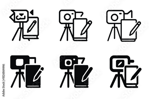 Content Creator Icons. Content creators making videos or writing blogs. Icon set. Set Logo of Content creators making videos or writing blogs: Notebook and
