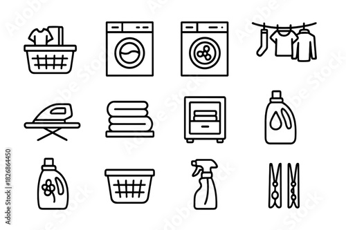 Laundry Workflow Icons. Laundry workflow. Line icon set of laundry workflow: sorting clothes, washing machine, dryer, hanging clothes, ironing board, folding