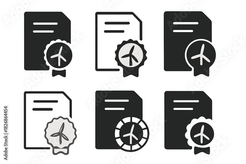 Renewable Energy Icons. renewable energy credits. Icon set. Set Logo of renewable energy credits: official REC certificate document. harmonious logo variations
