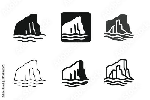 Coastal Cliff Logos. Coastal cliffs and rugged shorelines. Icon set. Set Logo of Coastal cliffs and rugged shorelines: basalt column cliff. harmonious logo