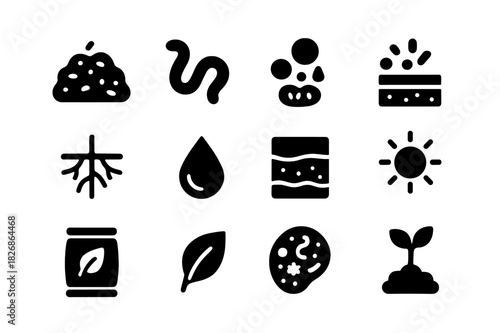 Soil Fertility Icons. Soil fertility. Solid icon set of Soil fertility: compost pile, earthworm, organic matter, nutrient icon, roots, water droplet, soil