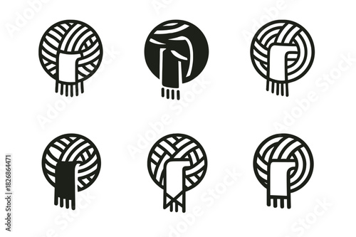 Knitting Icon Set. Knitting a scarf. Icon set. Set Logo of knitting a scarf: circular yarn pattern surrounding scarf outline. harmonious logo variations of the