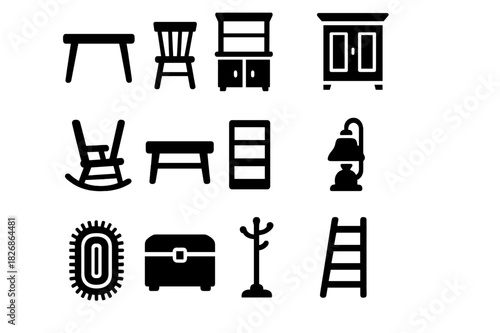 Farmhouse Furniture Icons. Farmhouse furniture. Solid icon set of Farmhouse furniture: wooden table, spindle chair, hutch, cupboard, rocking chair, bench,