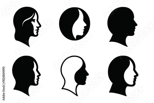 Chiaroscuro Icon Variations. Shadows and light. Icon set. Set Logo of Shadows and light: chiaroscuro portrait profile. harmonious logo variations of the same