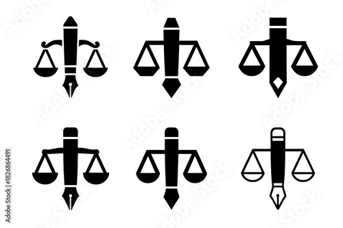 Journalism Symbols Collection. Journalism ethics and bias. Icon set. Set Logo of journalism ethics and bias: pen and scale combined into a single symbol of