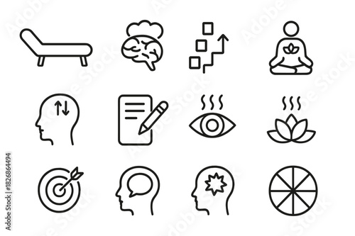 Psychotherapy Icons Set. Psychological therapy. Line icon set of psychological therapy: therapist couch, brain with thought cloud, CBT steps, mindfulness icon,