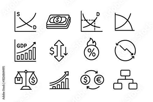 Economic Theory Icons. Economic Theories. Line icon set of Economic Theories: supply and demand graph, money stack, market equilibrium, production curve, GDP