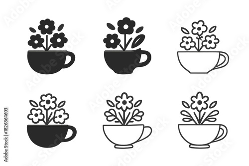 Mother's Day Icons. Mother?s Day flower arrangements and gifts. Icon set. Set Logo of Mother?s Day flower arrangements and gifts: teacup centerpiece with