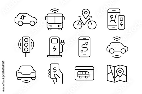 Smart Mobility Icons. Smart Mobility. Line icon set of Smart Mobility: electric car, smart bus, shared bike, ride-hailing app, traffic sensor, EV charging