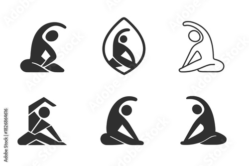 Pilates Logo Variations. Pilates and Stretching. Icon set. Set Logo of flexibility training: figure doing side stretch exercise. harmonious logo variations of