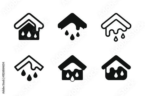Melting Snow Roof Logos. Melting snow off roof. Icon set. Set Logo of Melting snow off roof: roof cross-section showing ice dam barrier. harmonious logo