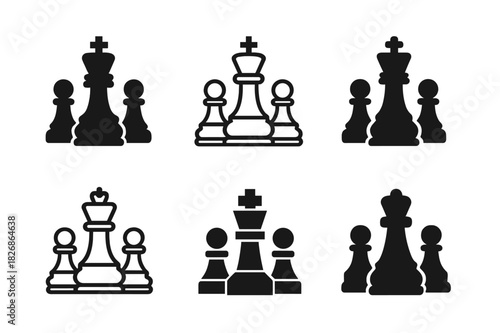 Strategy Game Logos. Engaging in a strategy game. Icon set. Set Logo of engaging in a strategy game: king chess piece surrounded by pawns. harmonious logo