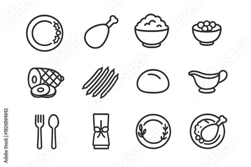 Holiday Dinner Icons. Holiday dinner plate. Line icon set of holiday dinner plate: festive plate, turkey leg, mashed potatoes, cranberry sauce, holiday ham,
