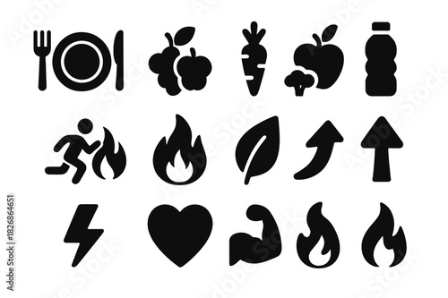 Nutrition and Energy Icons. Nutrition and energy. Solid icon set of Nutrition and energy: food plate, fruits, vegetables, water, calorie burn, flame, leaf,