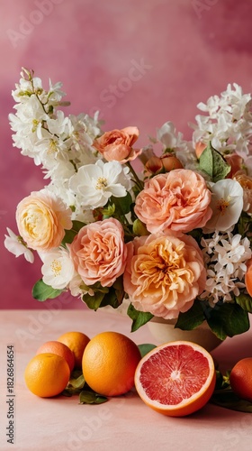 Fresh Flowers and Citrus Fruits Create a Vibrant Still Life Display on a Rust...