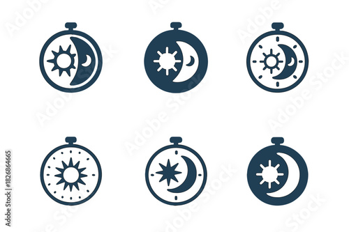 Sleep Wellness Icons. Sleep wellness. Icon set. Set Logo of Sleep wellness: circadian clock with sun?moon dial. harmonious logo variations of the