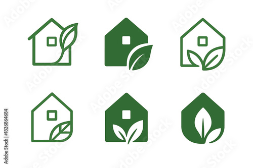 Nature-Inspired Architecture Logos. Ecological architecture blending with nature. Icon set. Set Logo of ecological architecture blending with nature: house