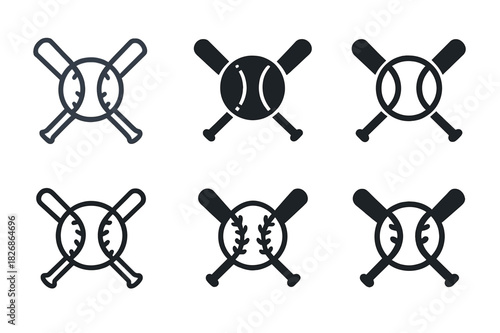 Sports Icon Set. Sports equipment. Icon set. Set Logo of Sports equipment: baseball bat crossing ball. harmonious logo variations of the same emblematic