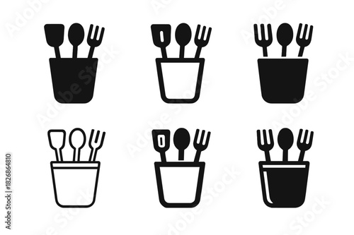 Kitchen Tidy Icons. Tidying up the kitchen counters. Icon set. Set Logo of Tidying up the kitchen counters: utensil holder. harmonious logo variations of the