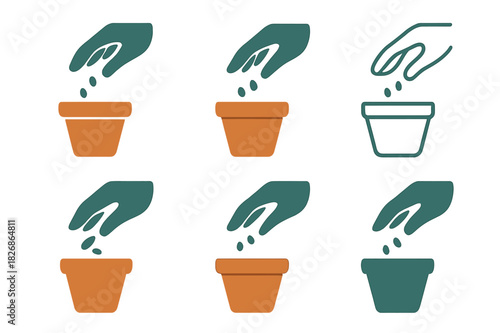 Seed Planting Logos. Planting seeds in pots. Icon set. Set Logo of Planting seeds in pots: hand sowing seeds into small terracotta pot. harmonious logo