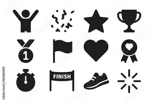 Victory Icon Collection. Victory Moment. Solid icon set of Victory Moment: person raising arms, confetti, star, trophy, medal, flag, heart, ribbon, stopwatch,