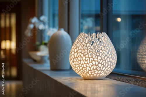 Unique White Ceramic Lamp Illuminating Modern Interior With Elegant Decor Ele...