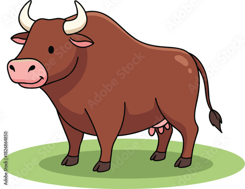 Cute brown cow illustration with horns and udders, perfect for farm animal designs, agriculture themes, dairy products branding and educational materials.