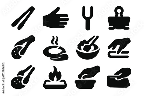 Grip Handling Icons. Grip and handling. Solid icon set of Grip and handling: tongs, hand icon, forked tip, clip, food item, serving, plate, bowl, salad, meat,