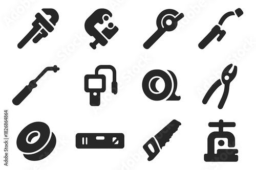 Pipe Tools Icons. Pipe tools. Solid icon set of Pipe tools: pipe wrench, pipe cutter, threading tool, pipe bender, welding torch, inspection camera, tape