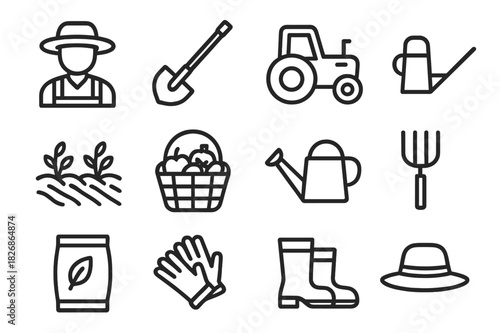 Agri Workers Icon Set. Agri Workers Set. Line icon set of Agri Workers Set: farmer with hat, hoe, plow, tractor, crop field, basket of produce, watering can,