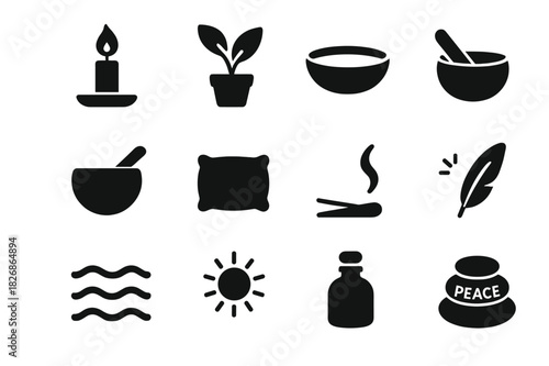 Healing Icons Set. Healing Environment. Solid icon set of Healing Environment: candlelight, plant, water bowl, singing bowl, pillow, incense, gentle wave,