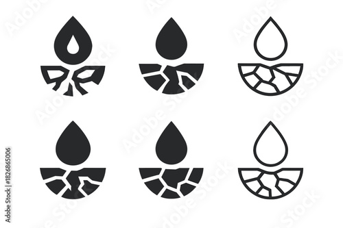 Climate Icons Collection. Climate change effects on natural landscapes. Icon set. Set Logo of environment: cracked earth and water droplet. harmonious logo