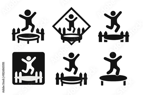 Trampoline Logo Set. Jumping on a trampoline in a backyard. Icon set. Set Logo of outdoor fun: backyard fence and trampoline. harmonious logo variations of the