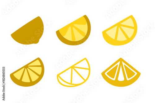 Lemon Logo Variations. Sliced Lemon. Icon set. Set Logo of sliced lemon: wedge with rind. harmonious logo variations of the same emblematic concept, each with