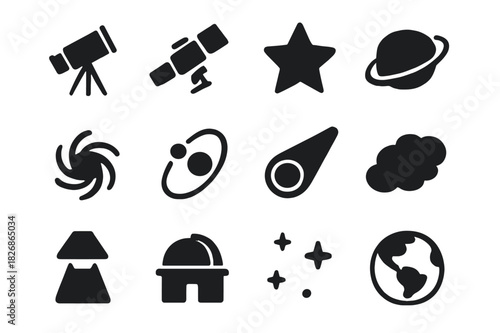 Space Icon Set. Space mass. Line icon set of space mass: planet, black hole, orbit path, asteroid, satellite, galaxy swirl, rocket, Earth, moon, mass