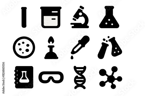 Scientific Icons Set. Scientific experiments. Solid icon set of Scientific experiments: test tube, beaker, microscope, flask, petri dish, Bunsen burner,