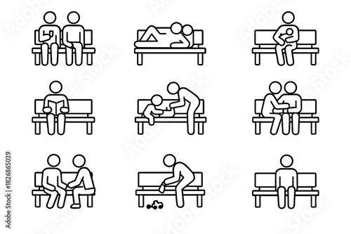 Bench Icon Moments. Bench moments. Line icon set of bench moments: snack time, nap time, feeding baby, reading time, diaper change, cuddling moment, talking