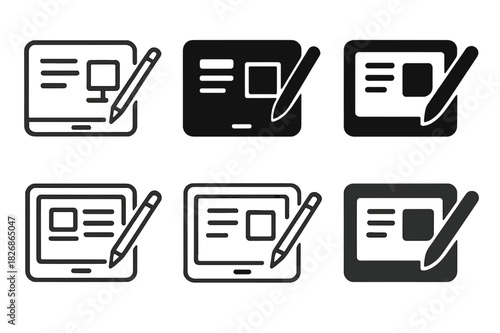 Digital Classroom Icons. Digital classroom interface. Icon set. Set Logo of Digital classroom interface: tablet with stylus input. harmonious logo variations