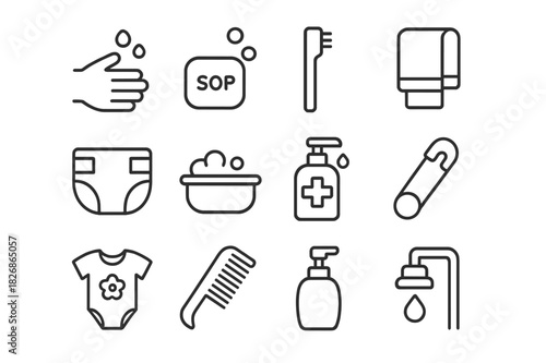 Child Safety Icons. Child safety and hygiene. Line icon set of child safety and hygiene: hand wash, soap, toothbrush, towel, diaper, baby bath, sanitizer,