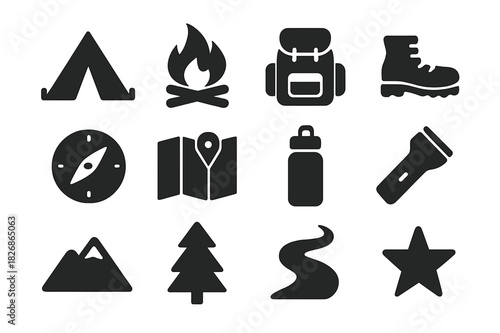 Camping Icons Set. Camping Journey. Solid icon set of Camping Journey: tent, campfire, backpack, boots, compass, map, water bottle, flashlight, mountain, tree,