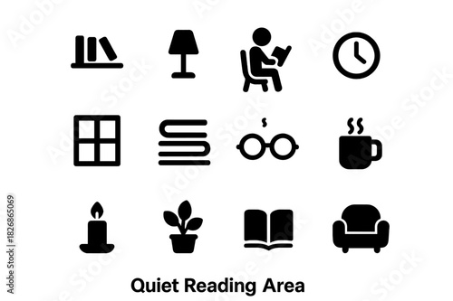 Quiet Reading Icons. Quiet Reading Area. Solid icon set of Quiet Reading Area: bookshelf, table lamp, reading person, chair, clock, window, book stack,