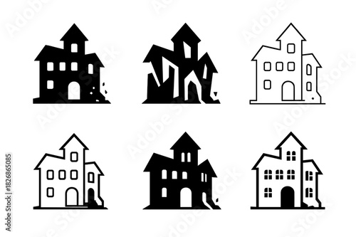 Abandoned Building Icons. Abandoned building. Icon set. Set Logo of abandoned building: haunted house silhouette. harmonious logo variations of the same