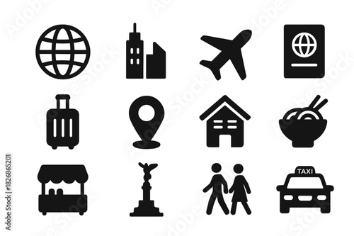 Global City Icons. Life in different cities and countries. Solid icon set of life in different cities and countries: globe, city skyline, airplane, passport,
